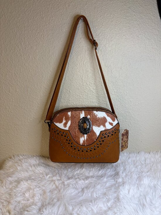 Sam & Hadley Handbags - Sam & Hadley Western Cow Print Studded Shoulder Bag Brown Concho Purse NWT